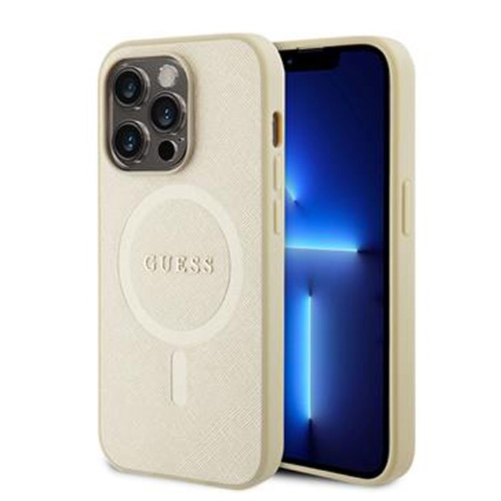 Предпазен калъф Cover Guess PU Saffiano MagSafe за iPhone 15 Pro Max, Бежов