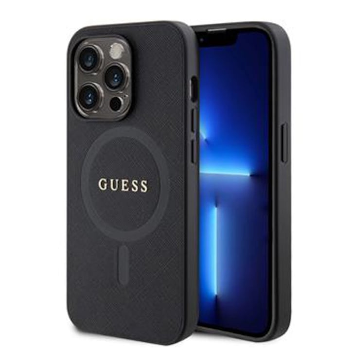 Husa de protectie Cover Guess PU Saffiano MagSafe pentru iPhone 15 Pro Max, Negru