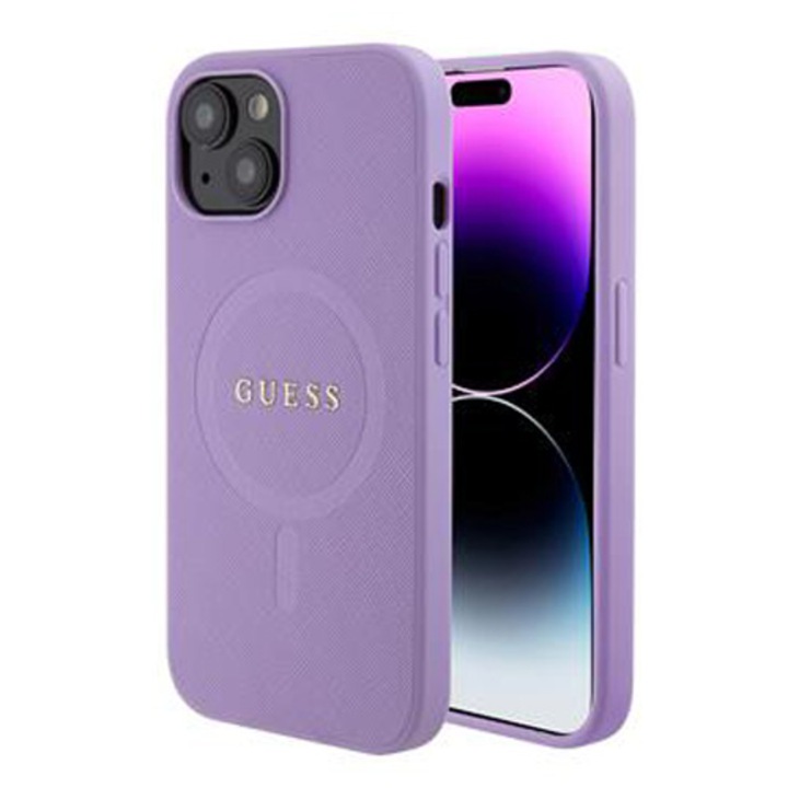 Предпазен калъф Cover Guess PU Saffiano MagSafe за iPhone 15, Лилав