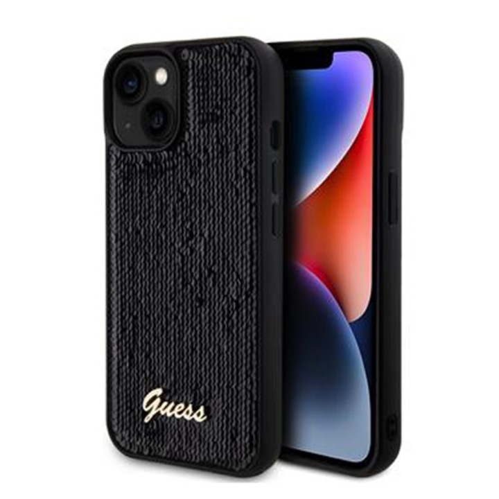 Предпазен калъф Cover Guess Sequin Script Logo за iPhone 15 Plus, Черен