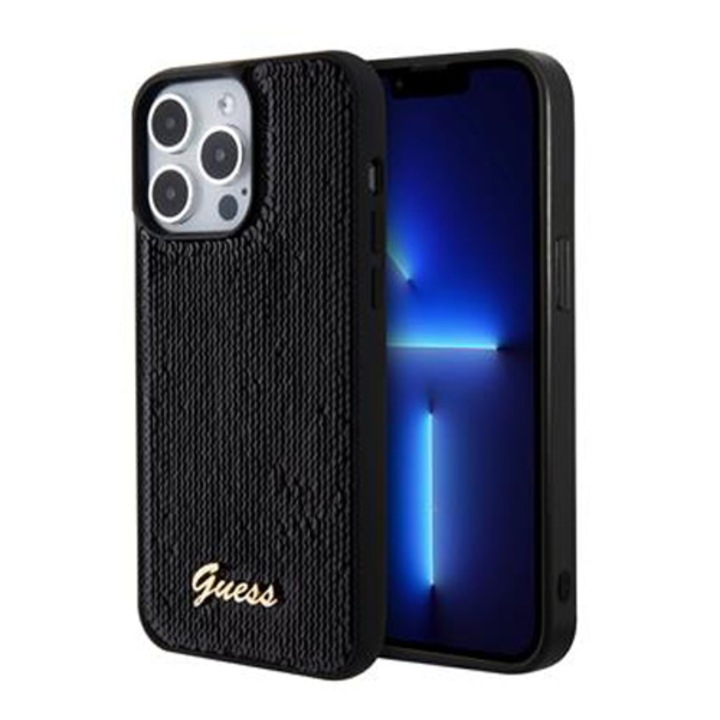 Husa de protectie Cover Guess Sequin Script Logo pentru iPhone 15 Pro, Negru
