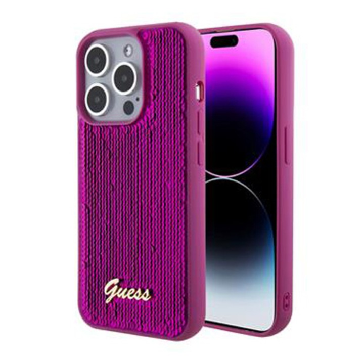 Husa de protectie Cover Guess Sequin Script Logo pentru iPhone 15 Pro Max, Magenta