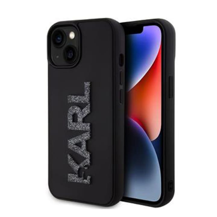 Husa de protectie Cover Karl Lagerfeld 3D Rubber Glitter Logo Karl pentru iPhone 15, Negru