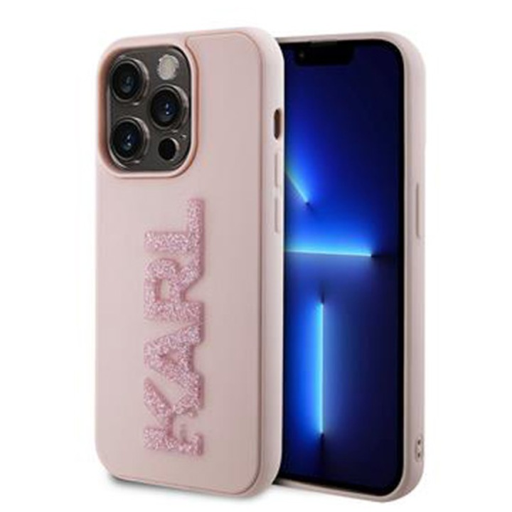 Husa de protectie Cover Karl Lagerfeld 3D Rubber Glitter Logo Karl pentru iPhone 15 Pro, Pink
