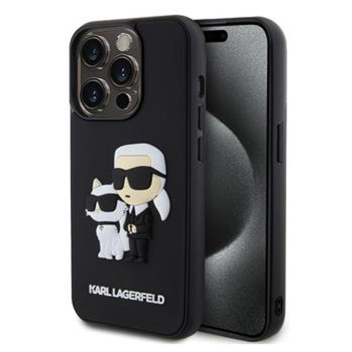 Предпазен калъф Cover Karl Lagerfeld 3D Rubber Karl and Choupette за iPhone 15 Pro, Черен