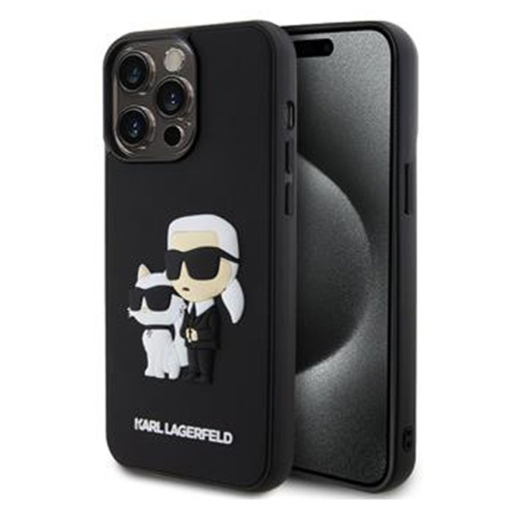 Предпазен калъф Cover Karl Lagerfeld 3D Rubber Karl and Choupette за iPhone 15 Pro Max, Черен