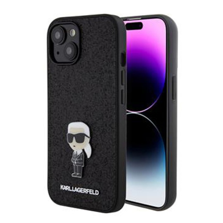 Husa de protectie Cover Karl Lagerfeld Fixed Glitter Metal Ikonik pentru iPhone 15, Negru