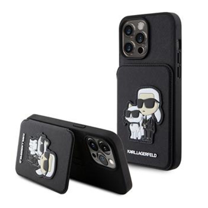 Предпазен калъф Cover Karl Lagerfeld PU Saffiano Card Slot Stand Karl and Choupette за iPhone 15 Pro Max, Черен