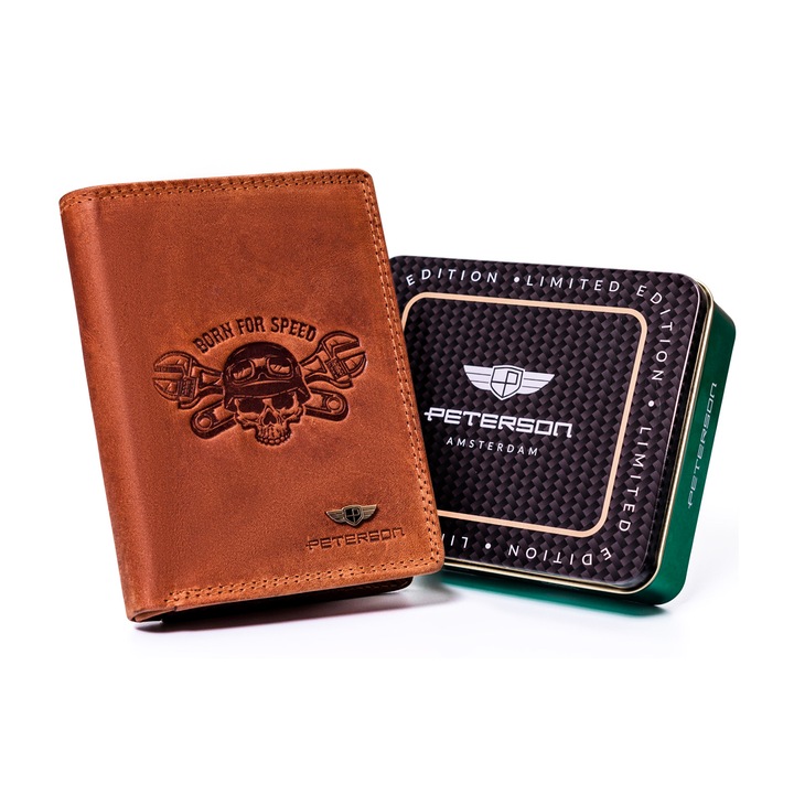 Férfi pénztárca, természetes bőr, barna, Peterson, ptn n4c-chm 02, 13 x 10 x 2,5 cm