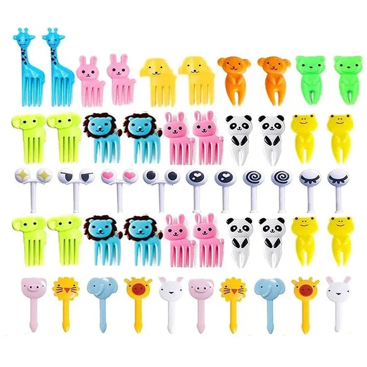Set 50 Mini Furculite pentru Fructe, Legume, Mancare si Prajituri, pentru Copii, cu Figurine de Animale, Urs Panda, Leu, Elefant, Iepure, Broasca, Polipropilena, Multicolor