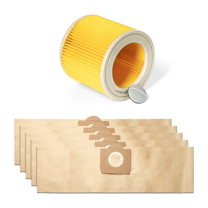 Set filtru si 5 saci compatibili cu aspiratorul KARCHER WD 3, SE 4001, MV3, 2 straturi de hartie, 6.959-130.0