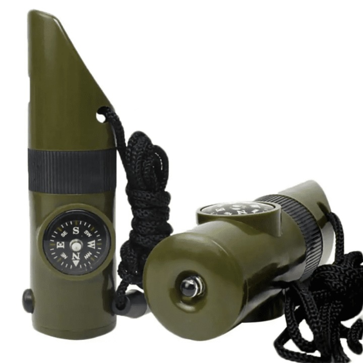 Kit Supravietuire 7 in 1 Pentru Drumetii, Camping, Hiking, Fluier, Lupa, Termomentru, Busola, Depozitare Pastile, SprintMag®