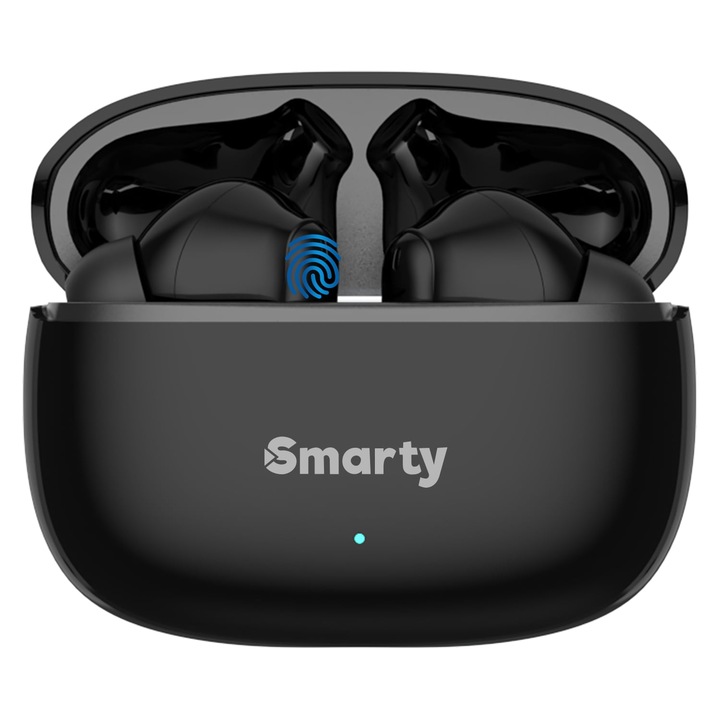 Безжични аудио слушалки Smarty® Buds F4, безжични, калъф за зареждане, ANC-ENC технология за шумопотискане, Bluetooth 5.3, гласов асистент, универсални, водоустойчиви, 24 часа автономност, черни