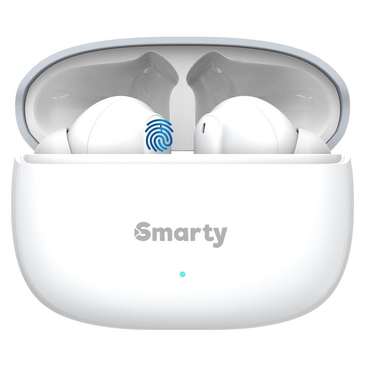 Casti audio wireless Smarty® Buds F4, fara fir, carcasa de incarcare, tehnologie eliminare zgomot ANC-ENC, Bluetooth 5.3, asistent vocal, universale, rezistente la apa, autonomie 24h, alb