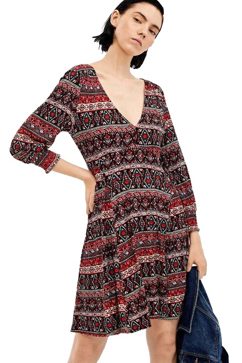 Rochie scurta pentru femei, Springfield, Viscoza, decolteu in V, imprimeu ornamental, multicolor, L