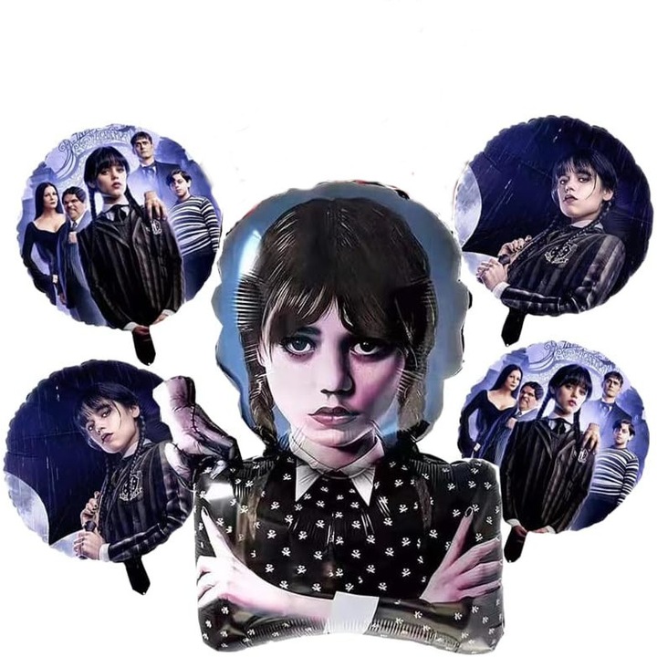 Set 5 baloane folie Wednesday Addams, figurina Halloween 79x28cm si baloane cu 2 fete 45cm