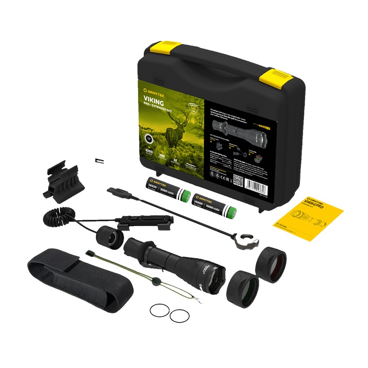 Комплект LED тактически фенер Armytek Viking Pro Magnet USB, Акумулаторен, 2200 лумена, Бяла светлина, Лъч 288 м, УстоNчивост на вода/удар/откат, Зарядно, Магнитна стойка, Цветни филтри, Дистанционно, Куфар, Черен