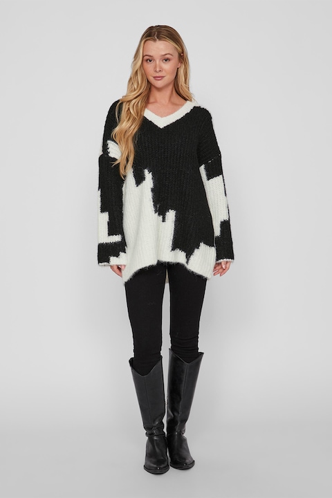 Vila, Уголемен пуловер с щампа, Мръснобял/Черен