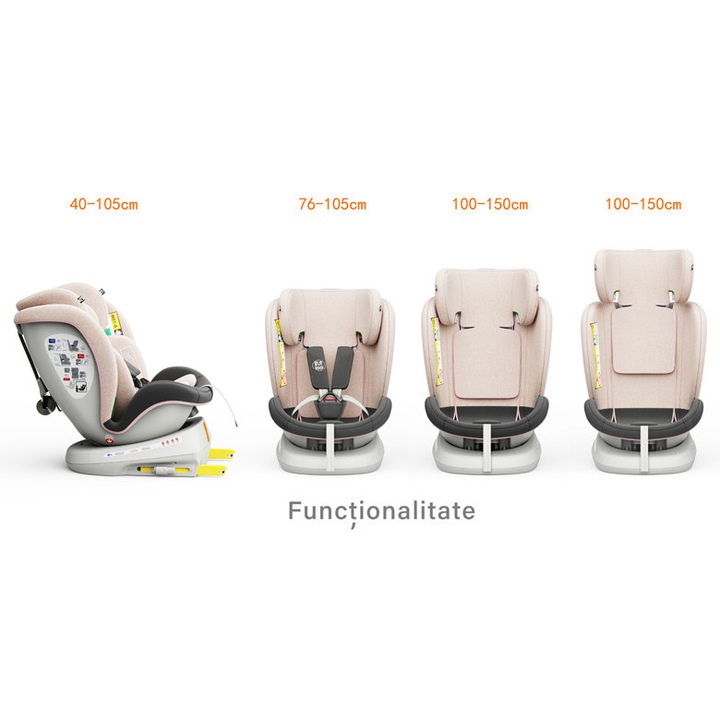 Столче за кола Tweety Plus iSize Buf Boof LightPink, с isofix, въртящо се на 360 градуса, позиция за сън Top Tether 0-36 кг 40-150 см