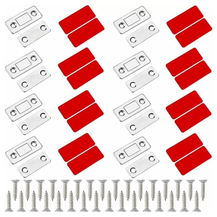 Set de 8 inchizatoare magnetice, cu 32 suruburi, pentru usa, dulap, OUYLAF, Argintiu