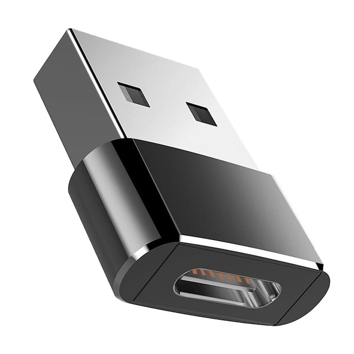 Adaptor OTG OZ cu mufa de tip USB-C la USB 3.0, 3A Fast Charging si transfer de date, Carcasa din aluminiu, Negru