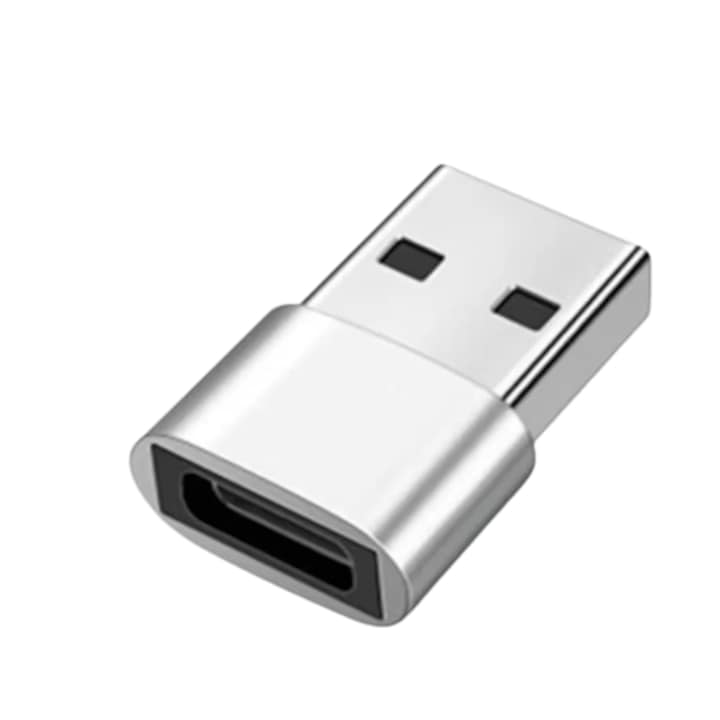 Adaptor OTG OZ cu mufa de tip USB-C la USB 3.0, 3A Fast Charging si transfer de date, Carcasa din aluminiu, Argintiu