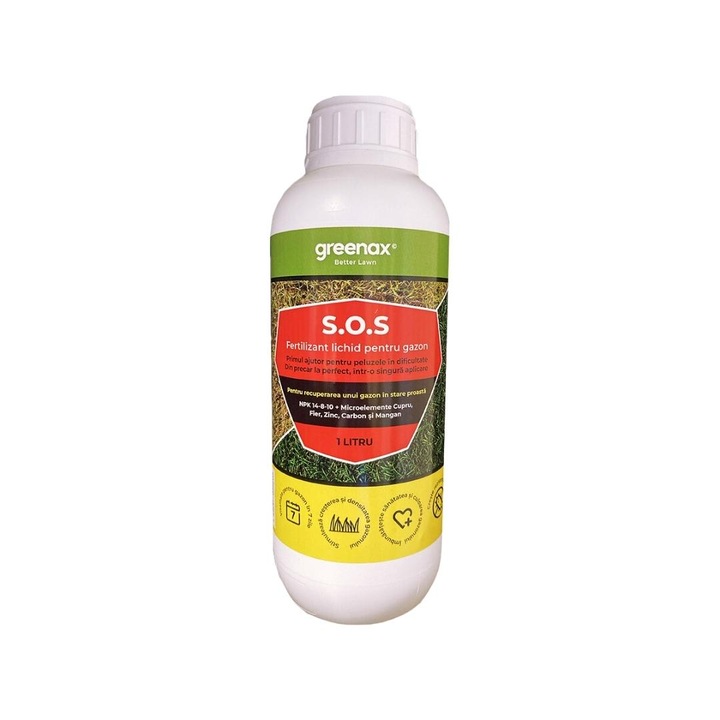 Ingrasamant foliar Greenax S.O.S, NPK 14-8-10 + microelemente, pentru salvarea peluzelor in stare precara, 1 litru