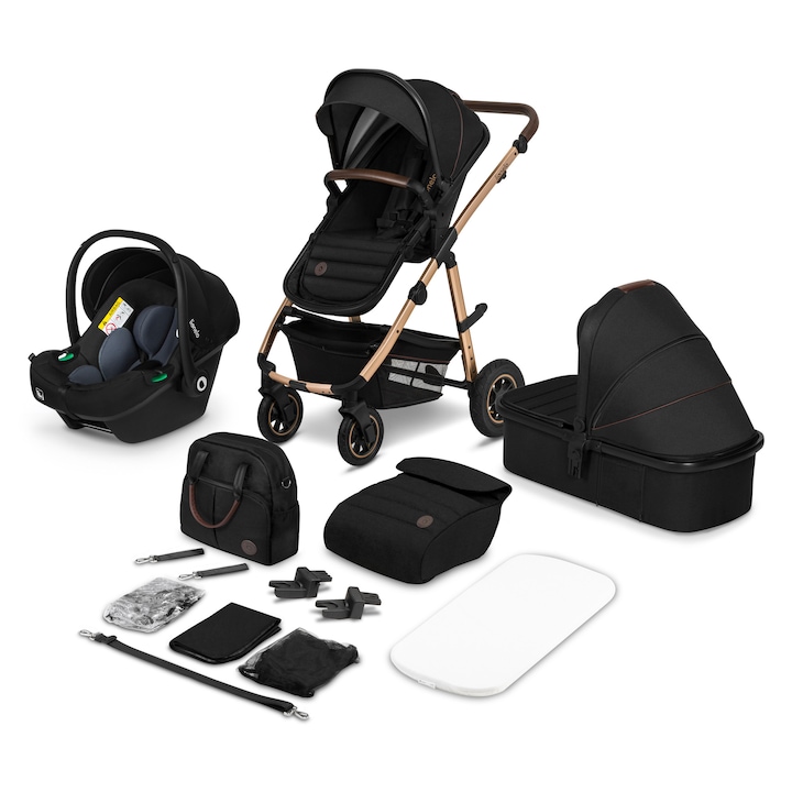 Carucior 3 in 1, Lionelo, Amber, Cadru aluminiu, Cu landou intarit si salteluta moale, Cu scoica auto testata ADAC, Reversibil, Cu accesorii, Geanta parinti, Pana la 22 kg, EN1888-1 EN1888-2 EN1466 ECE R129, Negru onyx