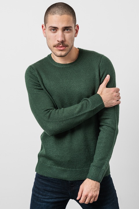 Only & Sons, Пуловер с овално деколте, Тъмнозелен