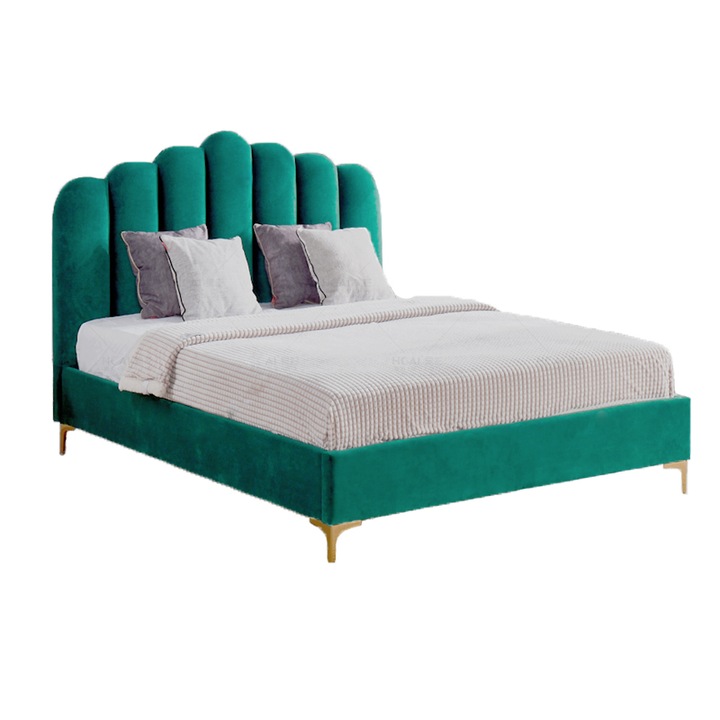 Kétszemélyes ágy 160x200 cm Cloud modell kárpitozott bársony zöld színben, ágyrács mellékelve