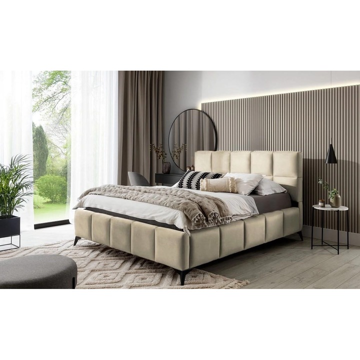 Pat dublu 160x200 cm Model Rubik Tapitat Stofa Culoare Bej Somiera Inclusa