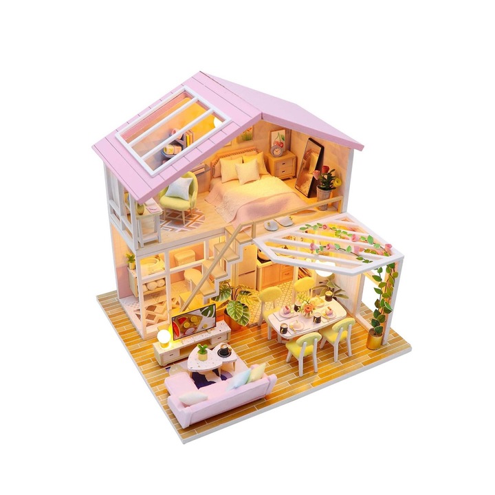 Casa de construit DIY Home Sweet Home, tip macheta, miniatura artizanala, dimensiune 22x20.5x17.5 cm, scala 1:24, cu leduri si accesorii, Doty®️
