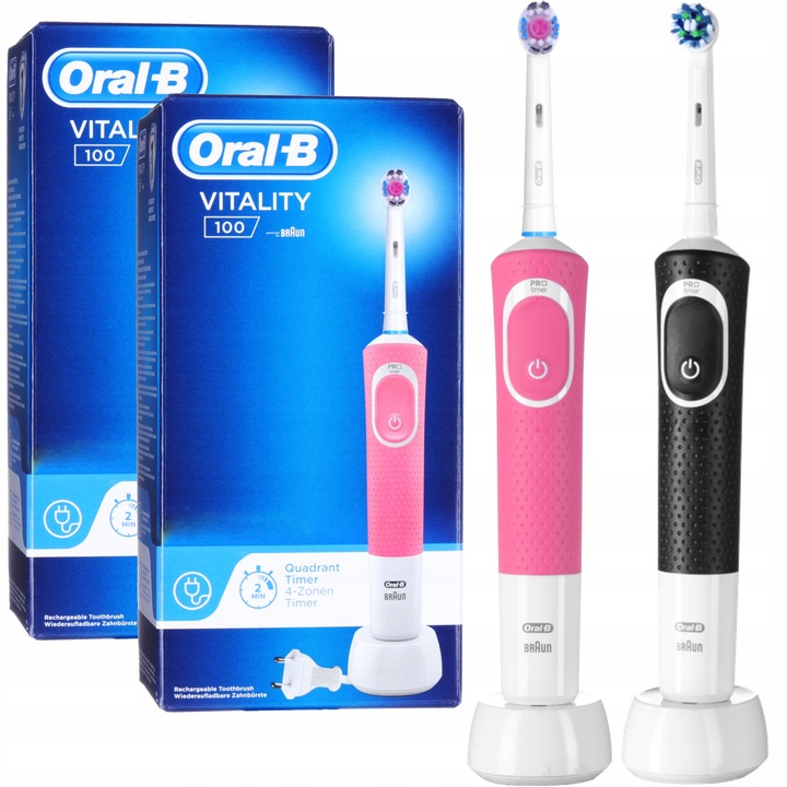 Комплект, 2x електрическа четка за зъби, Oral-B Vitality 100, черна, розова