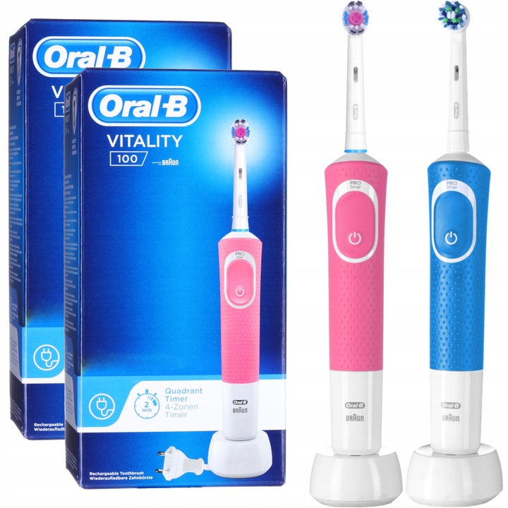 Комплект, 2x електрическа четка за зъби, Oral-B Vitality 100, алабастър, розово