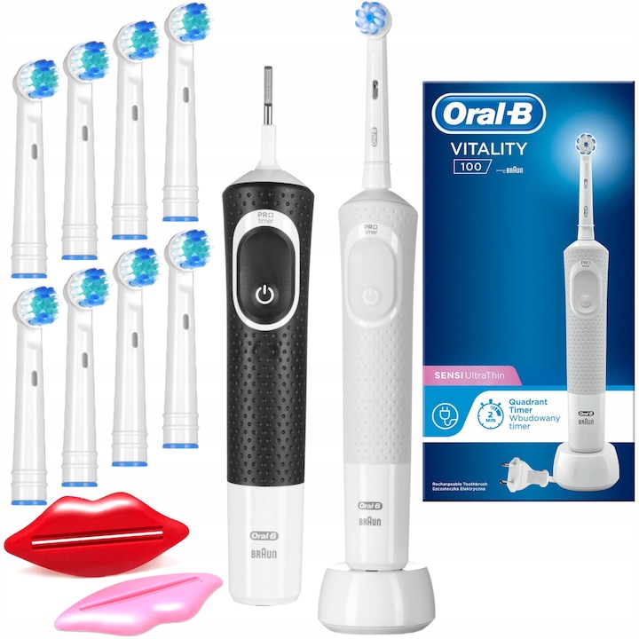 Oral-B Vitality 100 Szett, 2x elektromos fogkefe, fekete, fehér, 8x tartalék fej, 2x pasztanyomó