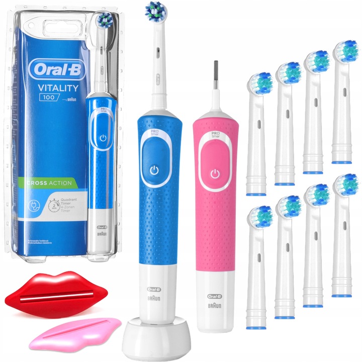 Oral-B Vitality 100 fogkefe Szett, 2x elektromos fogkefe, alabástrom, rózsaszín, 8x tartalék fej, 2x paszta kinyomó