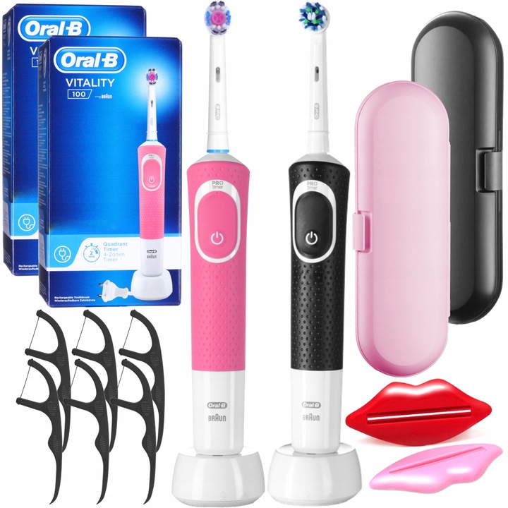 Комплект, 2x електрическа четка за зъби, Oral-B Vitality 100, черен, розов, 2x куфар за пътуване, 2x изстисквачки за паста, конец за зъби