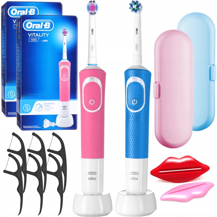 Комплект, 2x електрическа четка за зъби, Oral-B Vitality 100, алабастър, розов, 2x куфар за пътуване, 2x паста за изстискване, конец за зъби
