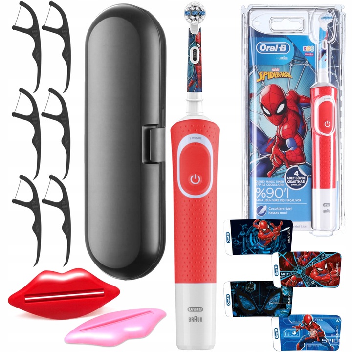 Oral-B Vitality Kids Elektromos fogkefe-szett, gyerekeknek, hordtáskával, 2 x fogkrém-kinyomó, fogselyem, Spiderman Red