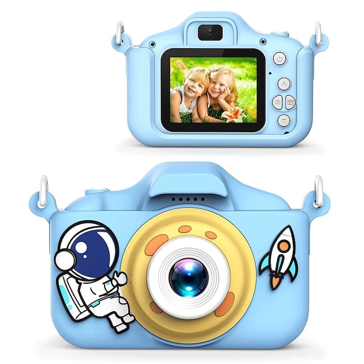 Дигитален детски фотоапарат STELS Q90s, Дигитална камера за снимки и видео, 64GB SD карта, Игри, Защита от падане, Син