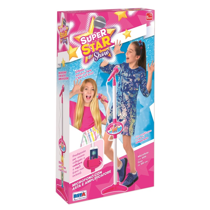 Microfon karaoke cu stativ pentru copii, efecte luminoase, mufa jack pentru conectare telefon, RS Toys, 100 cm inaltime