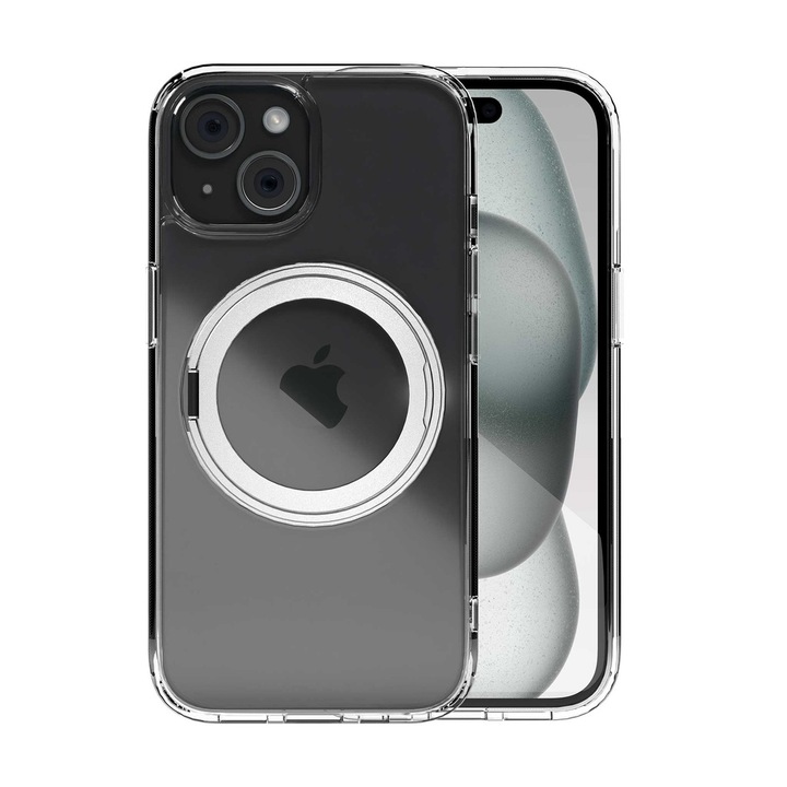 Husa pentru iPhone 15 Vetter clip-on crystal magsafe 360 roatating stand transparent