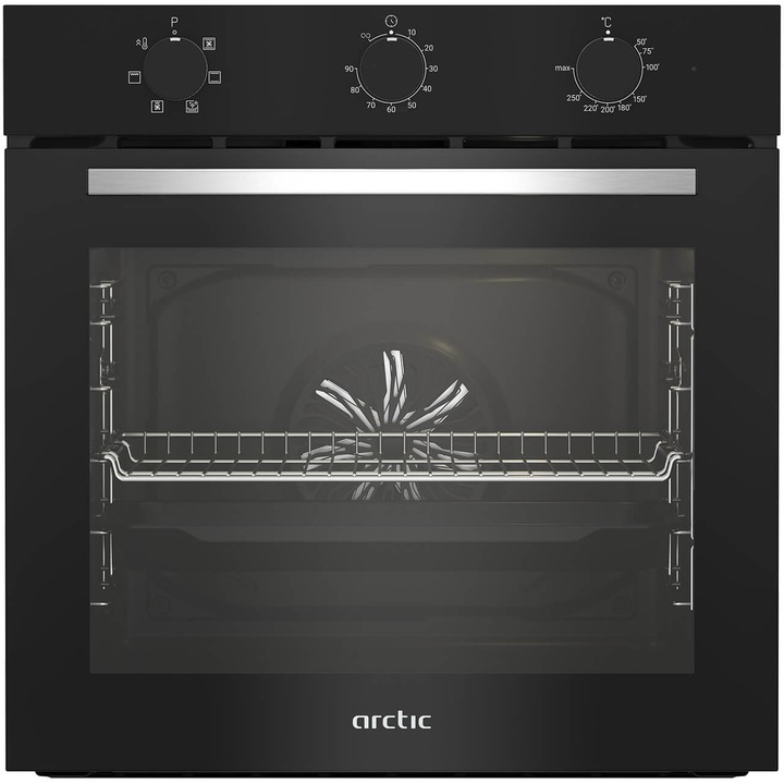 Pachet Cuptor incorporabil Arctic ARSE11130BD, 71 l, Electric, 6 functii, AquaDropClean, Grill, Timer, Clasa A + Plita incorporabila, Gaz, 4 Arzatoare, Aprindere electrica, Wok, 60 cm, Negru