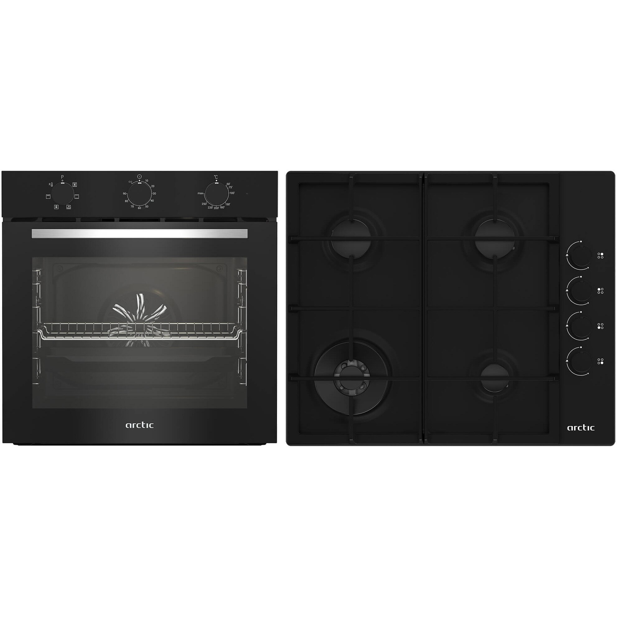 Pachet Cuptor incorporabil Arctic ARSE11130BD, 71 l, Electric, 6 functii, AquaDropClean, Grill, Timer, Clasa A + Plita incorporabila, Gaz, 4 Arzatoare, Aprindere electrica, Wok, 60 cm, Negru