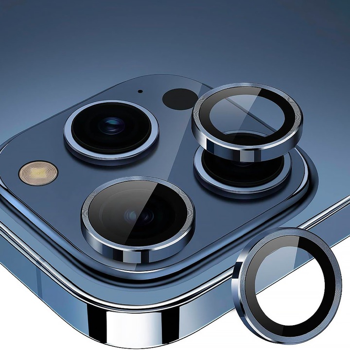 Lencsevédő fólia kompatibilis Apple iPhone 15 Pro / 15 Pro Max telefonnal, Secure Glass az objektívhez, Védett kamera, FullHD Ultra technológia, Sötétkék