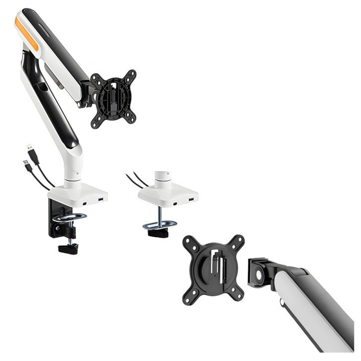 Suport monitor, compatibil cu monitoare, 17-32 inchi, greutate monitor 2,5-10 kg, doua porturi USB 3.0 si TYPE C, standard VESA, brat cu arc, asistat mecanic cu arc, HDWR, SolidHand-ES01U
