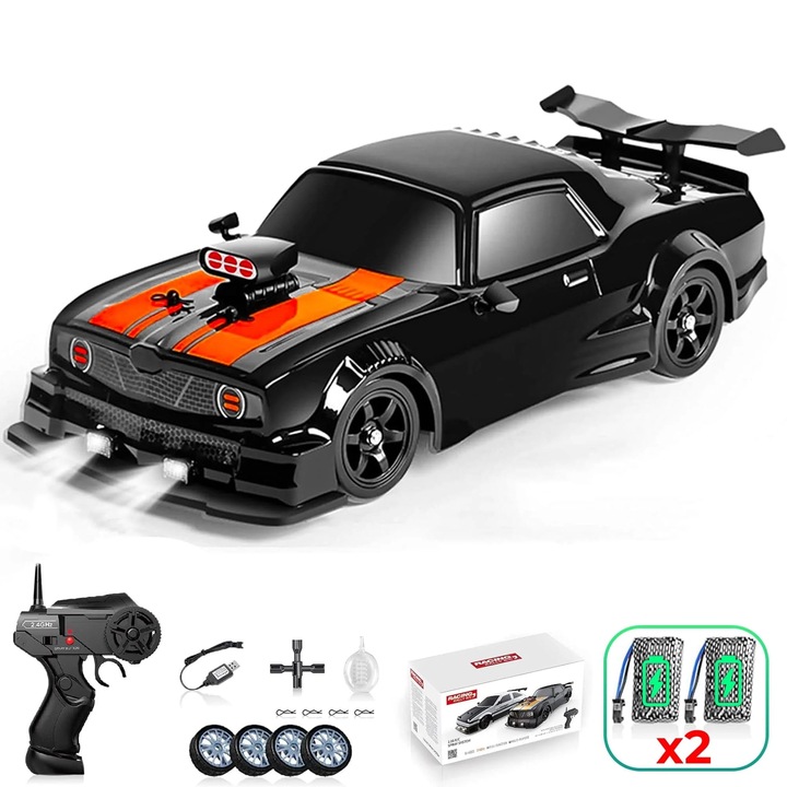 Masina cu telecomanda RC, Timebox, Drift car, 20km/h, lumini LED, Cauciucuri Interschimbabile, Pulverizare Spray NOS, 2 baterii reincarcabile tip acumulator incluse, jucarie pentru copii 7 ani+ si adulti, 1:16, Negru/Portocaliu