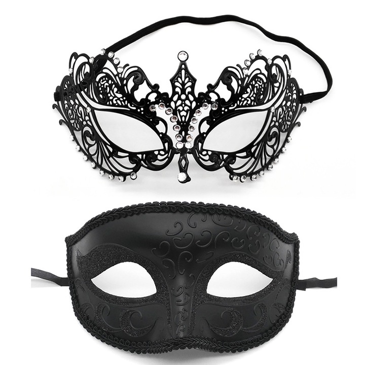 Set 2 masti bal mascat pentru cupluri femei barbati, Aisdelu®, 12x20 cm, cu accesoriu satin, Negru
