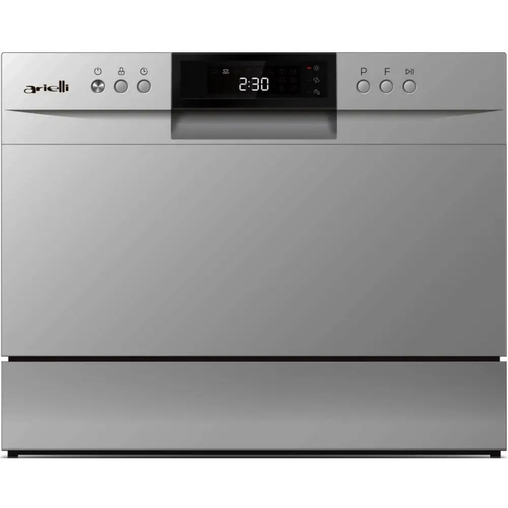 Masina de spalat vase compacta Arielli ADW6-3602HN Silver, 6 seturi, Start intaziat, Autocuratare, 6 programe, Clasa F, Argintie