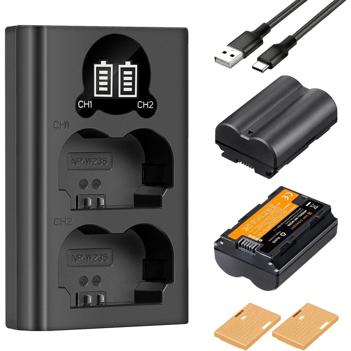 Set de 2 acumulatori NP-W235 2200mAh si incarcator cu 2 porturi si afisaj LED, pentru Fujifilm X-T5, X-T4, GFX 100S, X-H2S, pentru Fuji GFX 50S II, VG-XT4